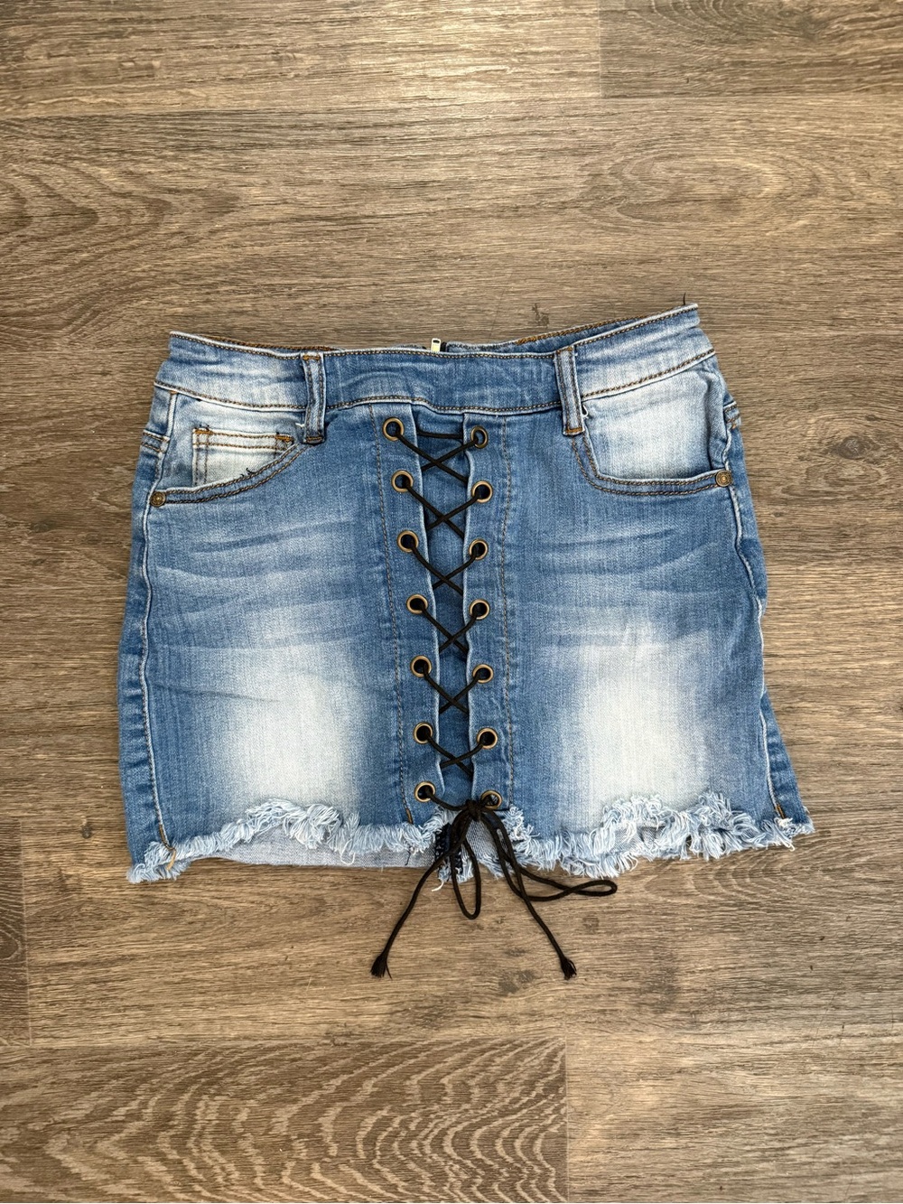 Machine Light Blue Lace-Up Frayed Denim Mini Skirt